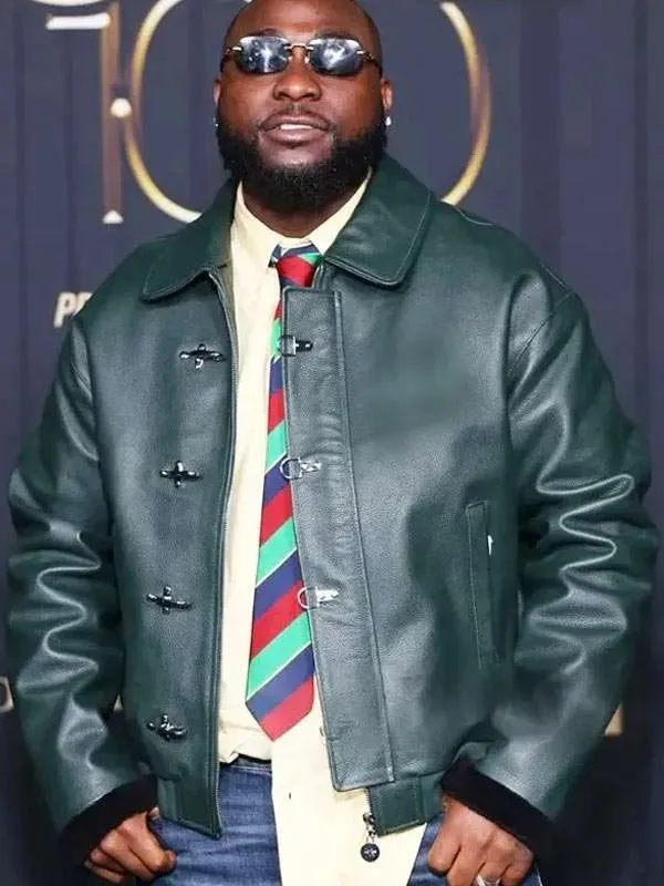 Davido-Power-100-Party-Green-Leather-Jacket Davido Power 100 Party Green Leather Jacket