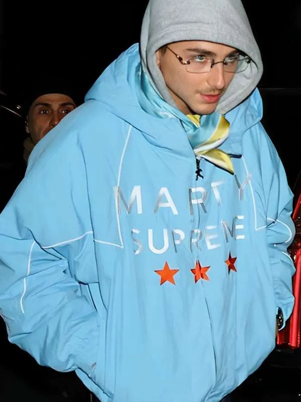Marty Supreme Timothee Chalamet Blue Hooded Jacket
