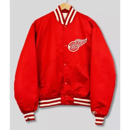 Product Specifications Inspired By: Hockey Team Detroit Red Wings Material: Satin Lining: Soft Viscose Lining Style: Varsity Jacket Collar: Ribbed Collar Sleeves: Full Sleeves with Rib-Knit Cuffs Closure: Snap-Tab Buttoned Front Pockets: Two Side Waist Pockets and One Inner Pocket Color: Red
