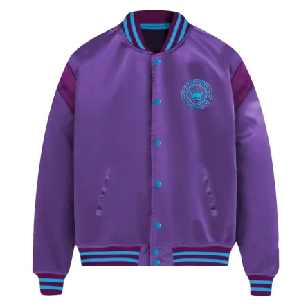 Charlotte FC Purple Satin JacketInspired By: American soccer club Charlotte FC Material: Premium satin Inner: soft viscose lining Collar: Rib Knitted collar Front: Snap-tab Buttoned closure Cuffs: Rib Knitted cuffs Sleeves: Full Sleeves Pockets: Two side waist pockets and one inside pocket Color: Purple