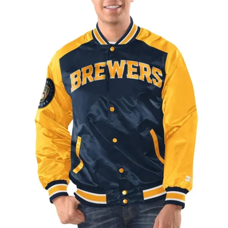Unisex Milwaukee Brewers Navy and Gold Varsity Satin Jacket