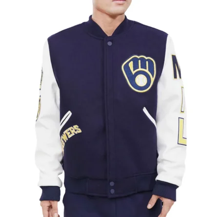 Unisex Milwaukee Brewers Blue and White Letterman Jacket