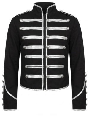 Black Military Parade Jacket for Men with Silver Button Trim