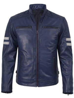 Cafe Racer Blue Leather Jacket For Men