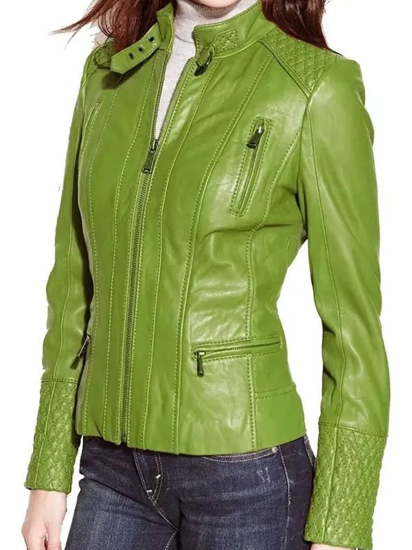 Women Cafe Racer Lime Green Leather Jacket