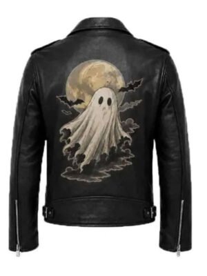 Halloween Ghost Print Black Leather Jacket
