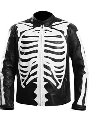 Halloween Party Skeleton Bones Black Leather Jacket