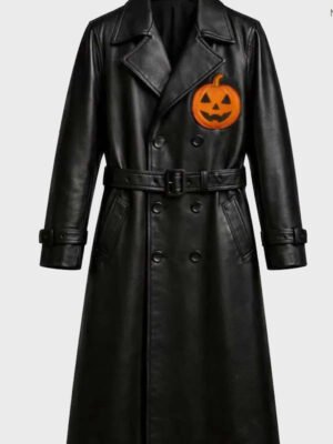 Halloween Pumpkin Black Leather Trench Coat