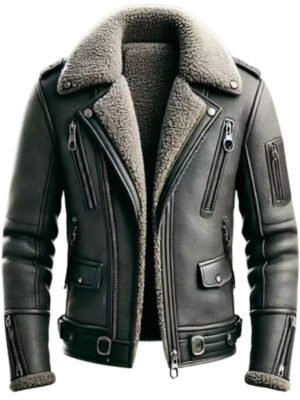 Men Aviator Shearling Gray Leather Biker Jacket