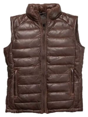 Men Classic Distressed Brown Leather Puffer Vest