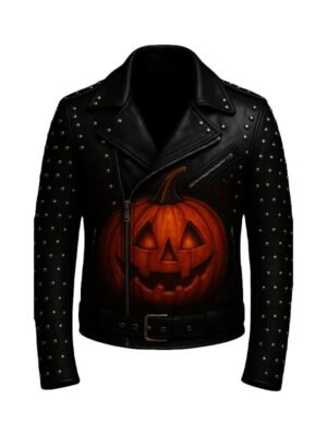 Halloween Pumpkin Studded Black Leather Jacket