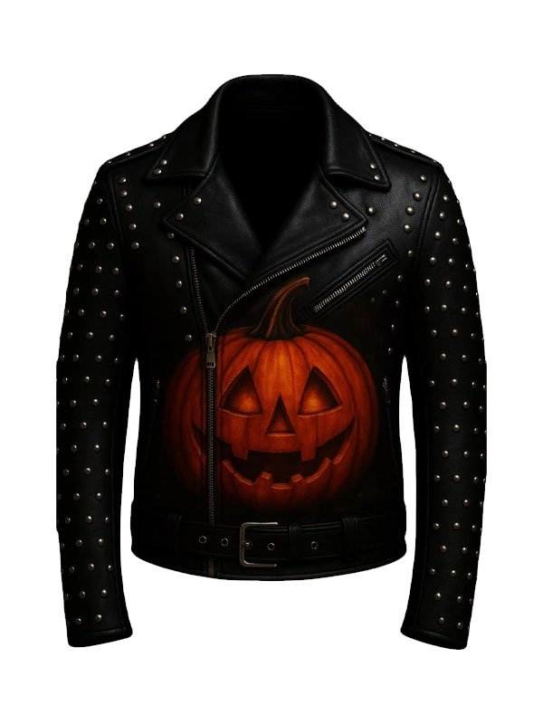 Halloween Pumpkin Studded Black Leather Jacket