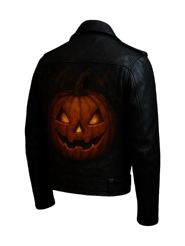 Halloween Pumpkin Studded Black Leather Jacket - Image 2