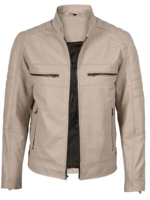 Men's Beige Leather Biker Jacket with Quilted Shoulders