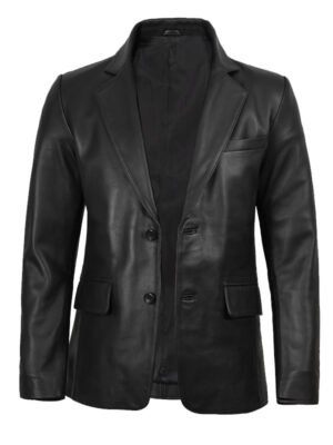 Men's Black Leather Blazer with Notch Lapel