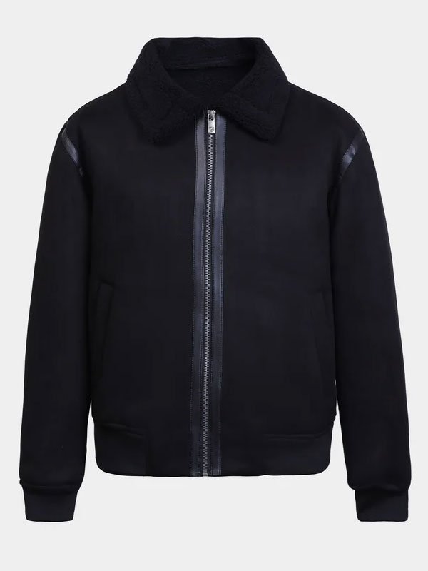 Men's Black Shearling Collar Bomber Jacket