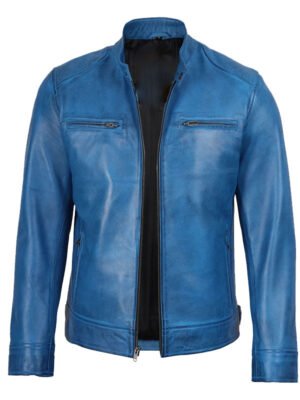 Men's Blue Distressed Leather Jacket