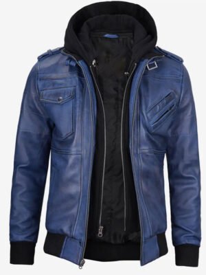 Men's Blue Wax Leather Bomber Jacket
