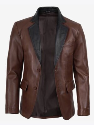 Men's Brown Leather Blazer Two Tone Formal Design