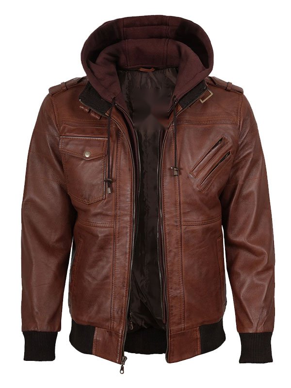 Men's Brown Leather Hooded Jacket