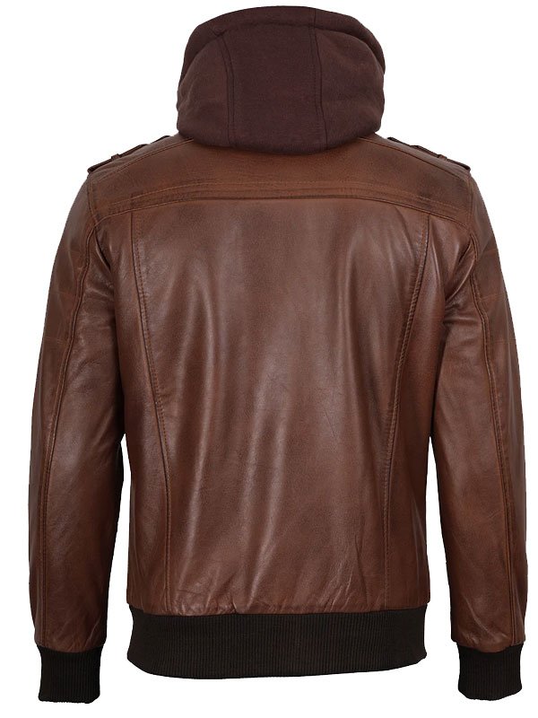 Men's Brown Leather Hooded Jacket - Image 2