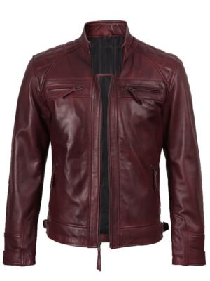 Men's Burgundy Leather Biker Jacket