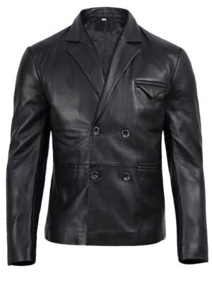 Men's Double Breasted Black Leather Blazer