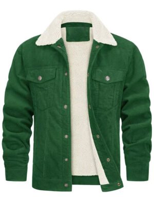 Mens Green Corduroy Sherpa Trucker Jacket