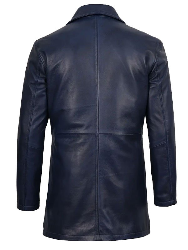 Men's Blue Leather Car Coat - Image 2