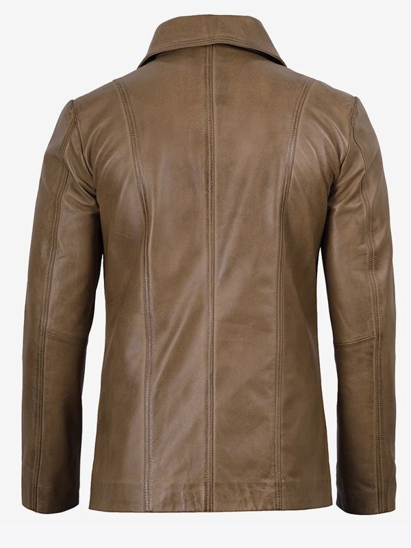 Men's Camel Brown Leather Blazer - Image 2