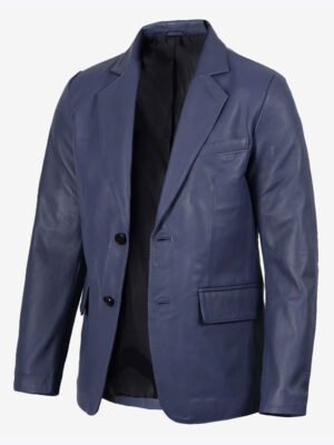 Men's Navy Blue Leather Blazer