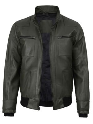Mens Olive Green Leather Bomber Jacket