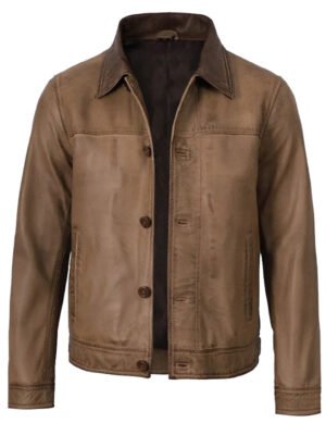 Men's Tan Vintage Leather Trucker Jacket
