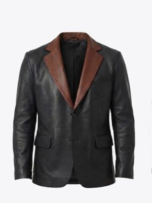 Men's Two Button Black Leather Blazer