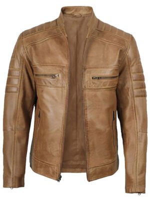 Men's Waxed Leather Moto Jacket with Stand Collar