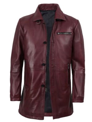 Men's Mid Length Burgundy Waxed Leather Coat