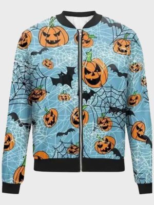 Halloween Pumpkins Blue Bomber Jacket