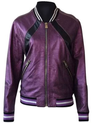 Women Purple Perforated Leather Bomber Jacket