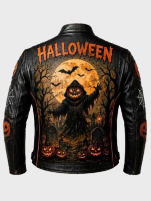 Men’s Halloween Spooky Patches Leather Biker Jacket