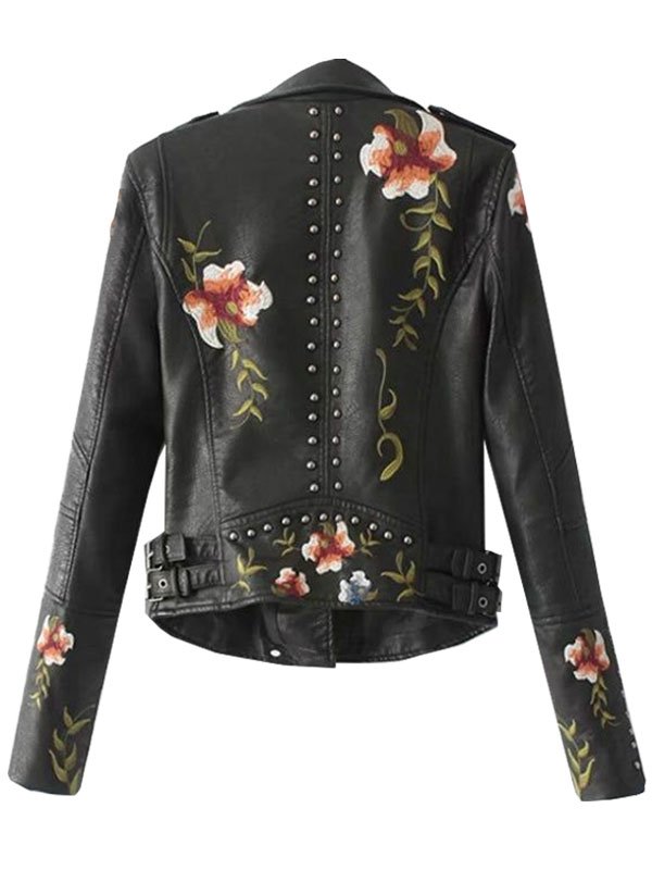 Women Flower Embroidered Biker Leather Jacket - Image 2