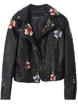 Women Flower Embroidered Biker Leather Jacket