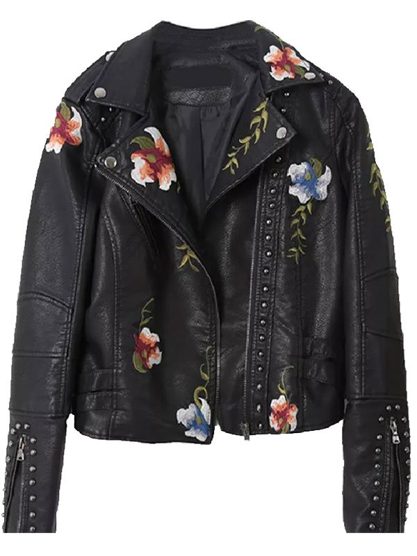 Women Flower Embroidered Biker Leather Jacket