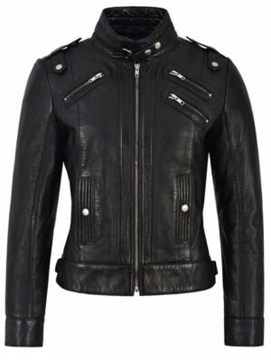 Women Classic Black Cafe Racer Leather Jacket