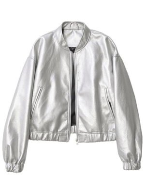 Women Silver Bomber Leather Jacket