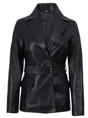 Women's Black Leather Belted Blazer