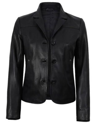 Women's Black Leather Blazer Jacket