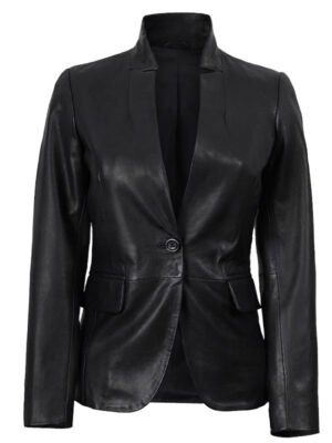 Women's Black Leather Single Button Blazer