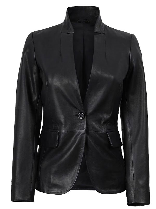 Women's Black Leather Single Button Blazer