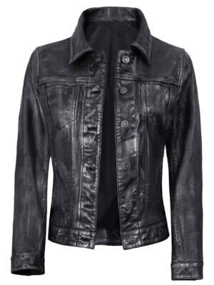 Women's Black Leather Trucker Jacket