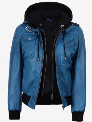 Women's Blue Leather Jacket with Removable Hood